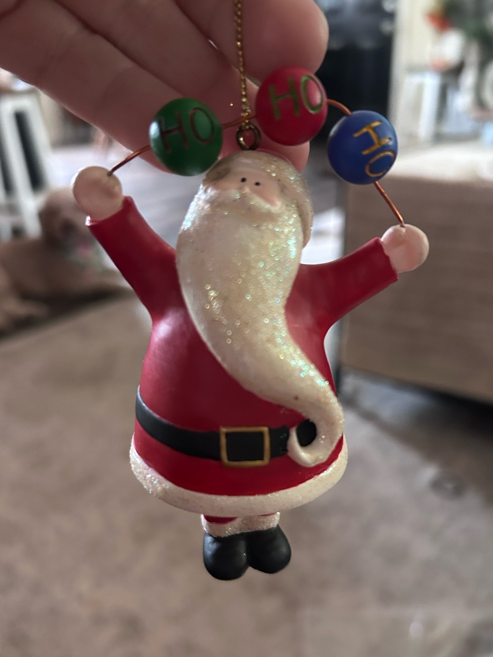 Christmas ornament porcelain Santa dangle legs bell